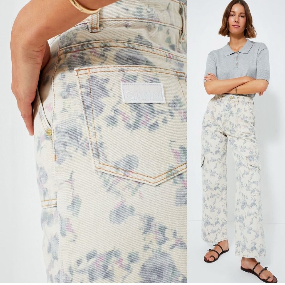 Ganni NEW Tofu Print Denim Angie Ivory Floral Wide Leg Cargo Denim Pant Size 29